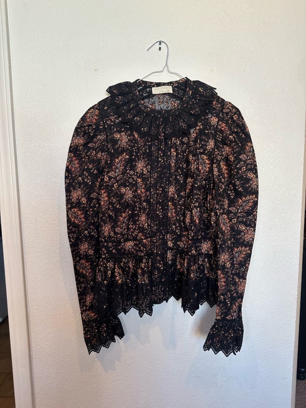 Ulla Johnson Black Paisley Lace-Trim Ruffled Cotton Blouse - Picture 3 of 10